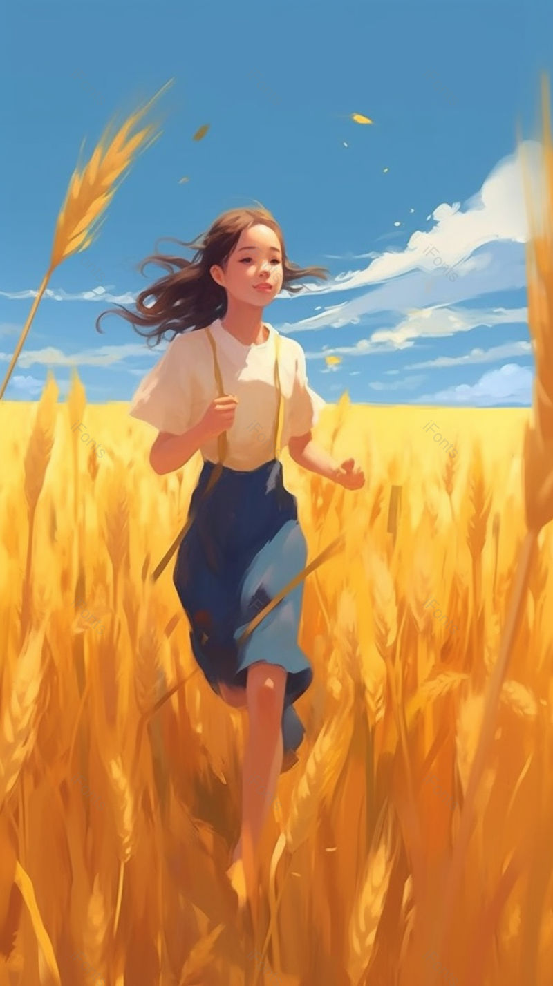 全新唯美小女孩在麦田麦穗上奔跑的背景,插画/手绘图,插画/手绘图库,插画/手绘图下载,插画/手绘